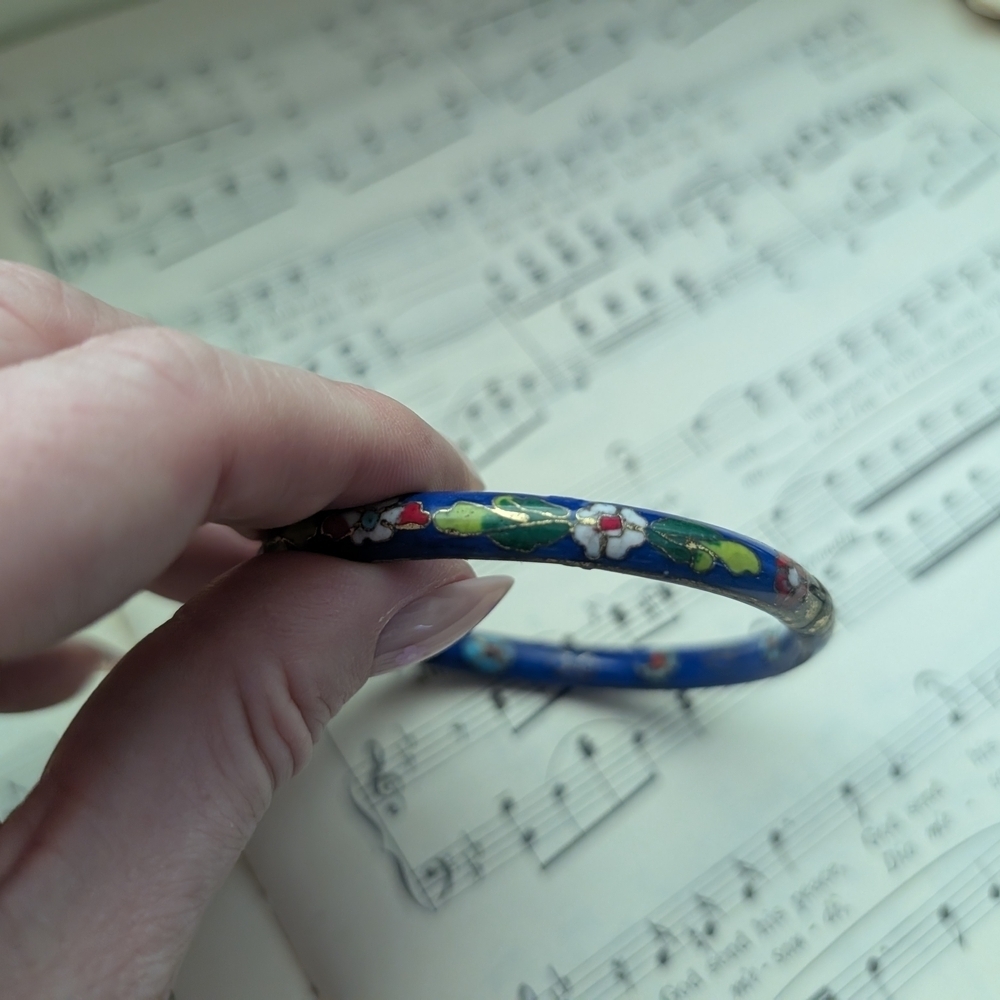 Floral Blue Bangle Cloisonne Bracelet - Picture 9 of 12